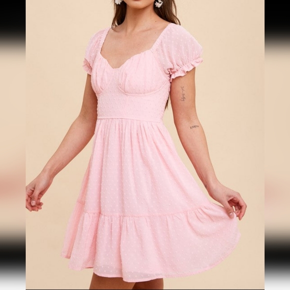 SWISS DOT SWEETHEART NECKLINE MINI DRESS-Pink Bubblegum - Picture 5 of 10